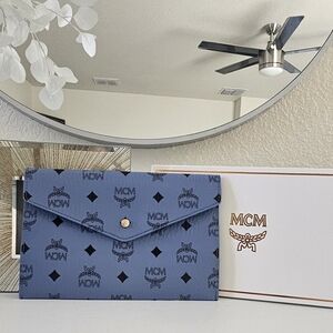 NIB MCM Blue Monogram Visetos Envelope Pouch Clutch